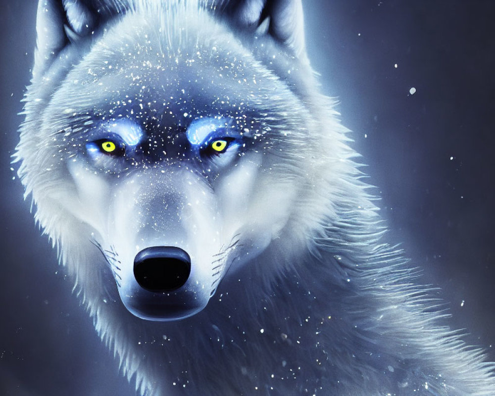 Mystical digital art of a blue-eyed wolf in a bluish aura.