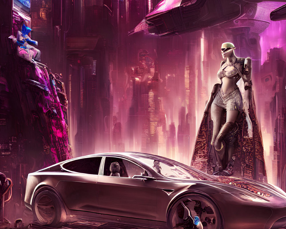 Futuristic cityscape with neon signs, sleek car, humanoid figure, and blue alien.