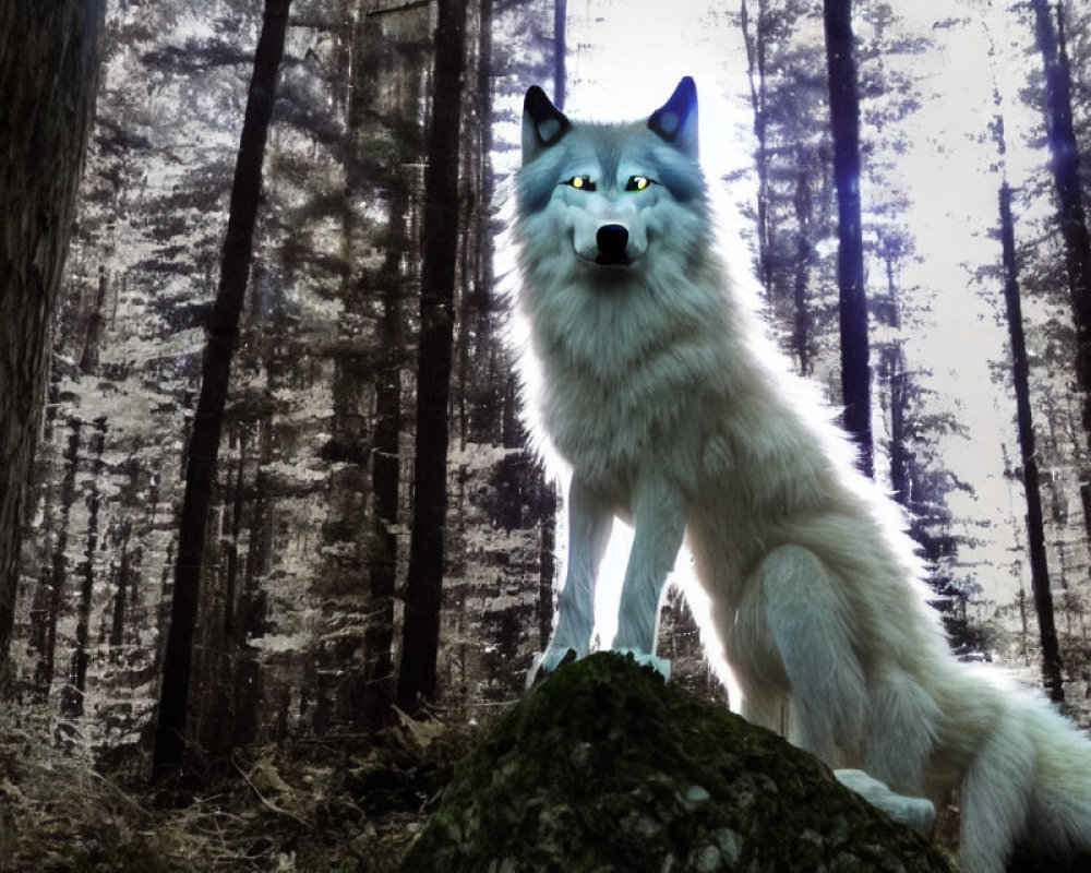 White wolf with blue eyes in misty forest with tall trees.