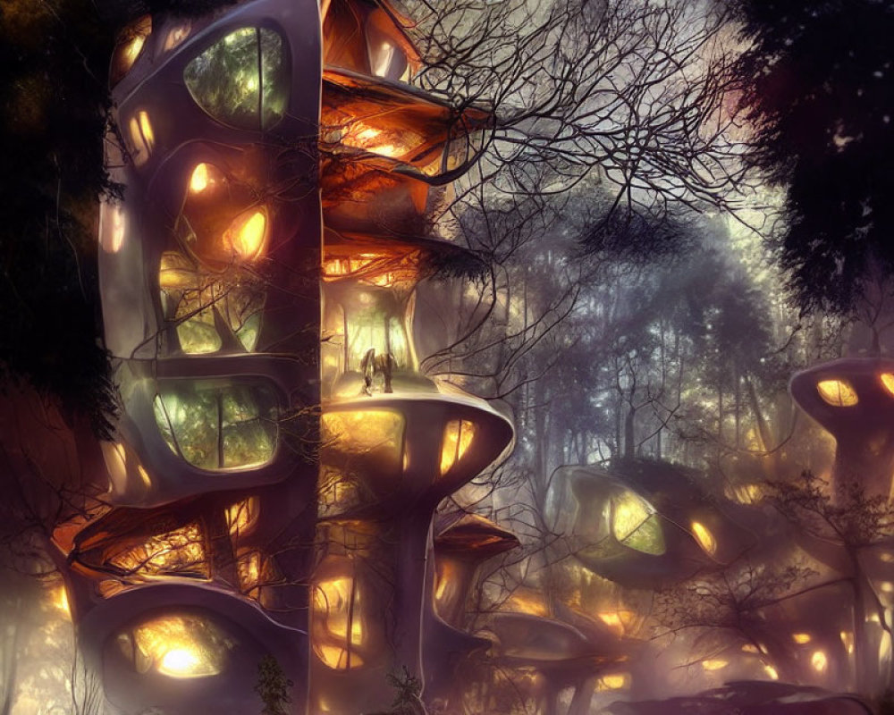 Misty forest scene with illuminated structures and person on bridge