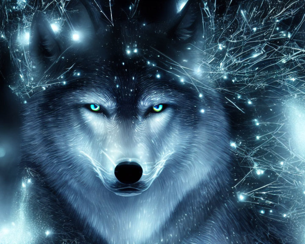 Mystical wolf with glowing blue eyes in starry forest landscape