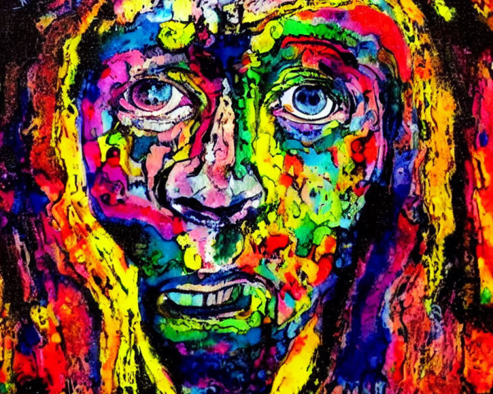 Colorful abstract portrait with deep-set eyes and expressive mouth for a psychedelic effect.