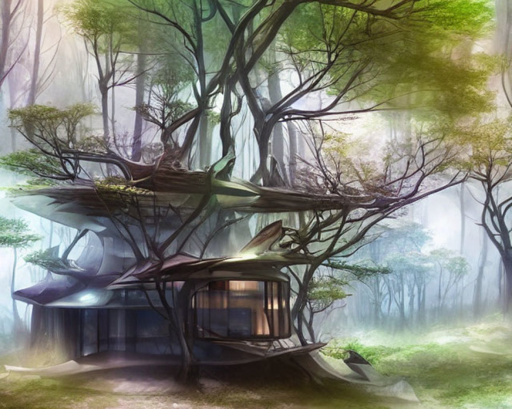 Tranquil treehouse nestled in misty forest ambiance