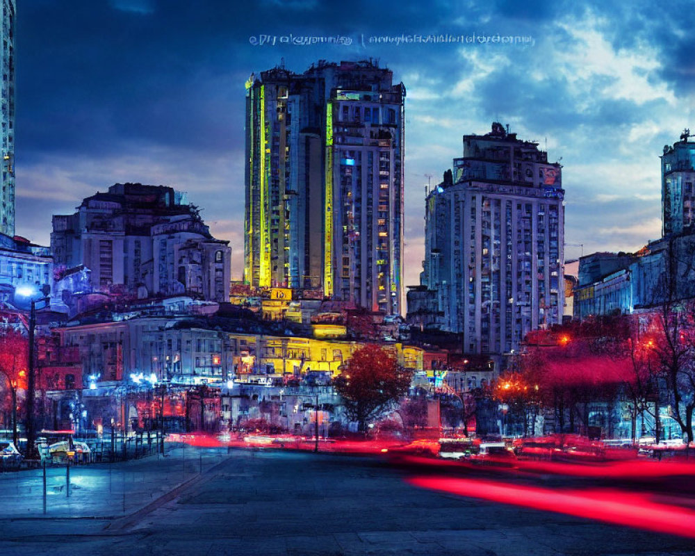 Vibrant twilight cityscape with illuminated buildings and light trails.