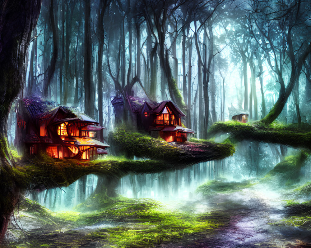 Enchanting forest with mystical cottages, serene stream, vibrant foliage, and ethereal fog