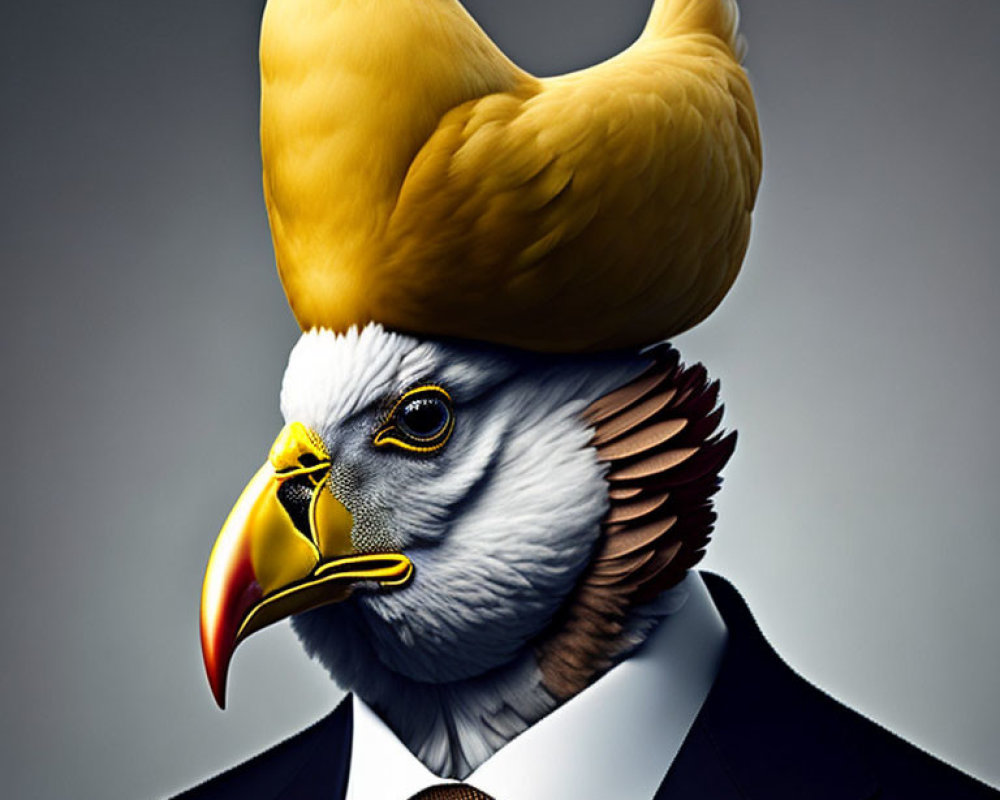 Surreal illustration of eagle with chicken head in business attire