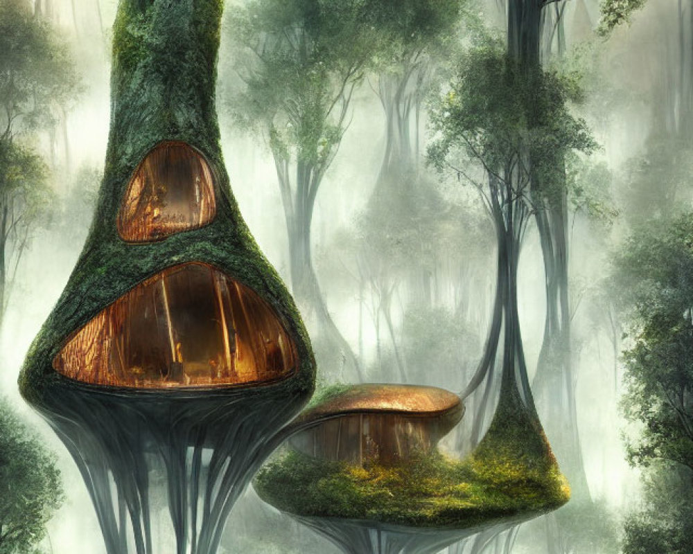 Enchanting forest with towering trees and mushroom-shaped treehouses