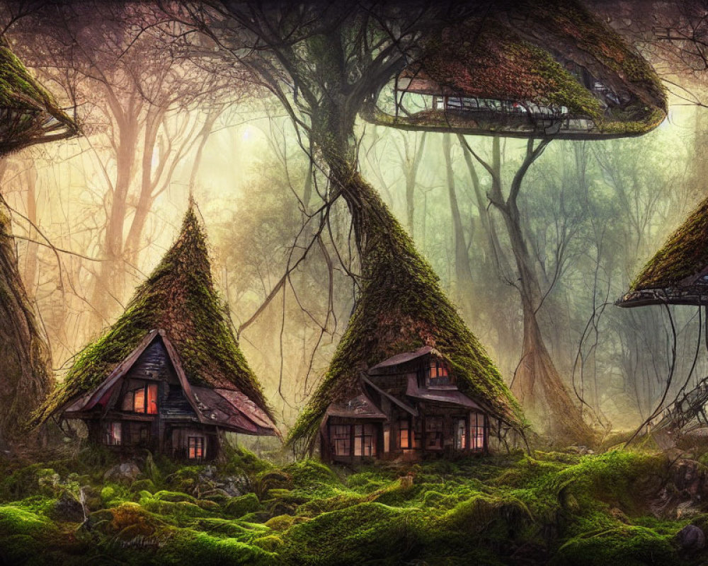 Mystical forest cottages entwined by tree roots in misty glow