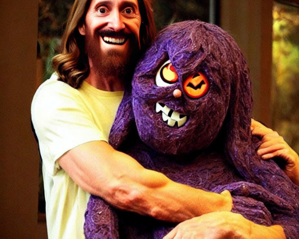 Man with long hair and beard hugging purple monster with orange eyes.