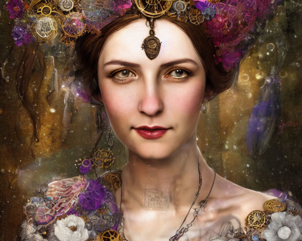 Elaborate steampunk headpiece with gears, flowers, and cosmic elements on a woman.