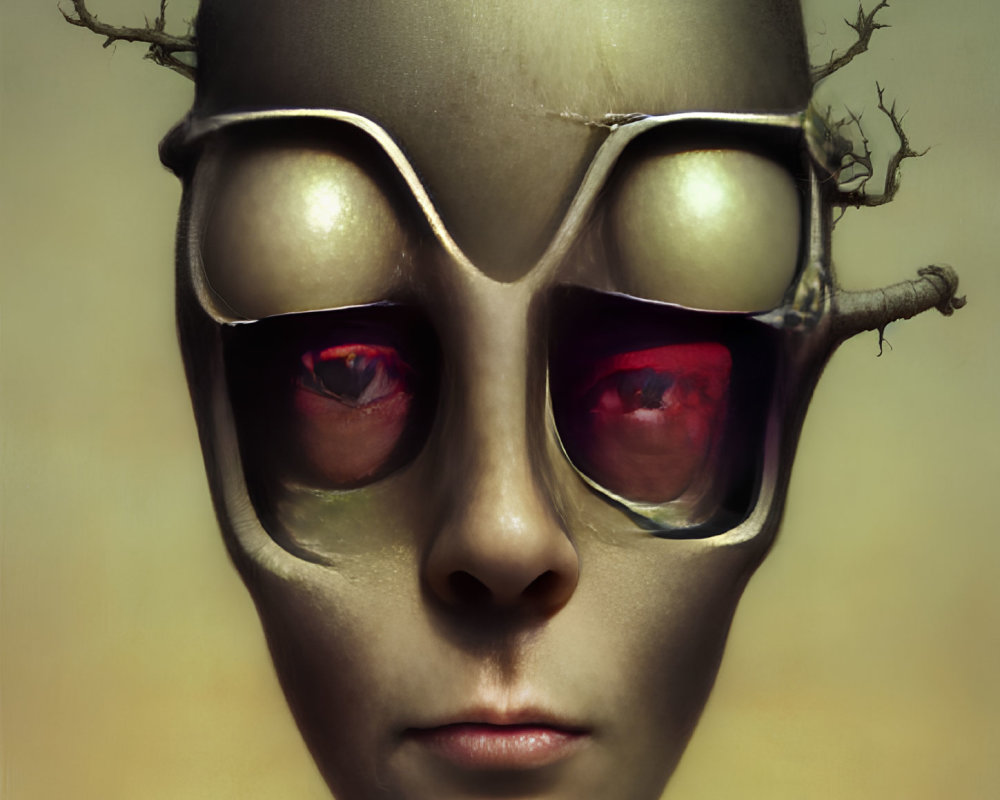 Surreal portrait of face with metallic mask, branch protrusions, and red eyes