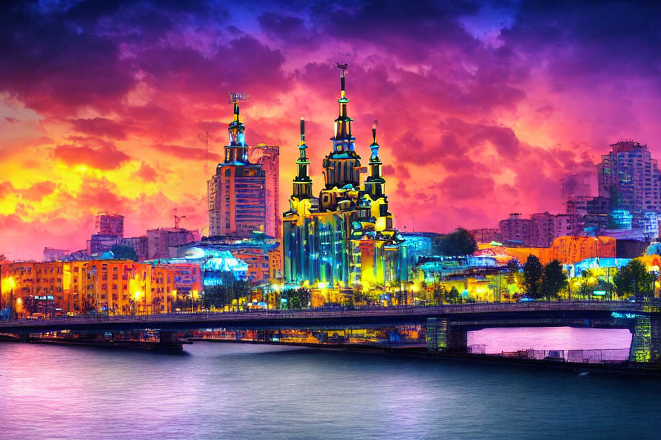 Colorful Dusk Cityscape with Modern and Traditional Buildings