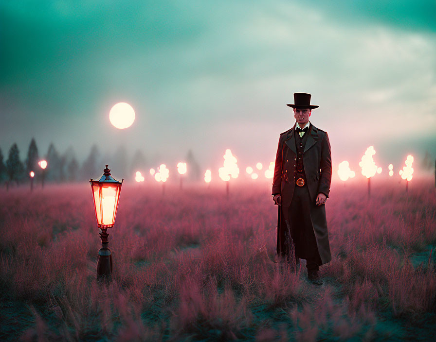 Man in top hat and coat by lit streetlamp in surreal twilight scene with pink field and flaming trees