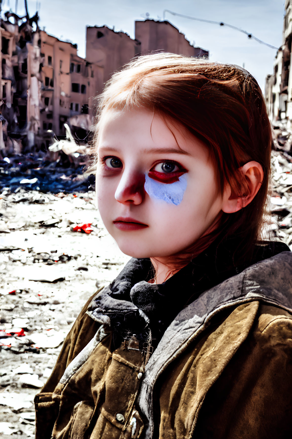 Young girl with painted face against backdrop of destroyed buildings