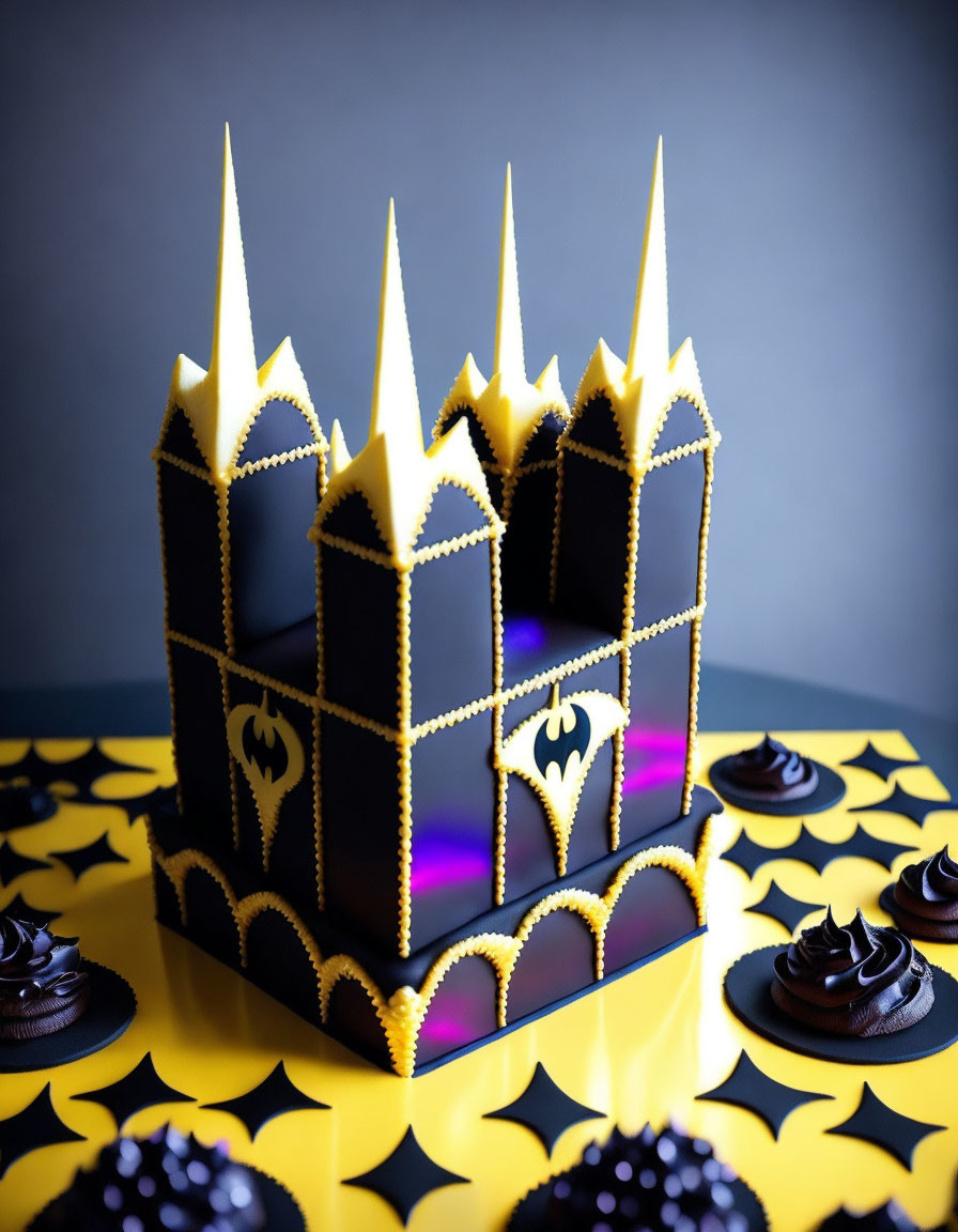 Batman-themed Bat-Signal cake with Gotham City design, surrounded by matching cupcakes on yellow and black surface