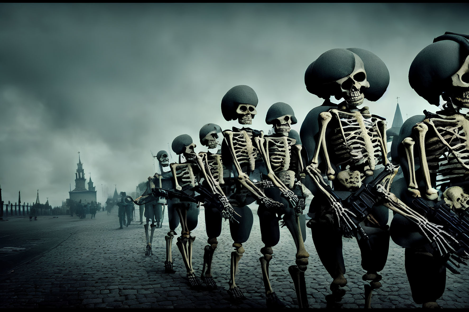 Skeleton Figures in Colonial Attire Marching with Rifles in Old Town