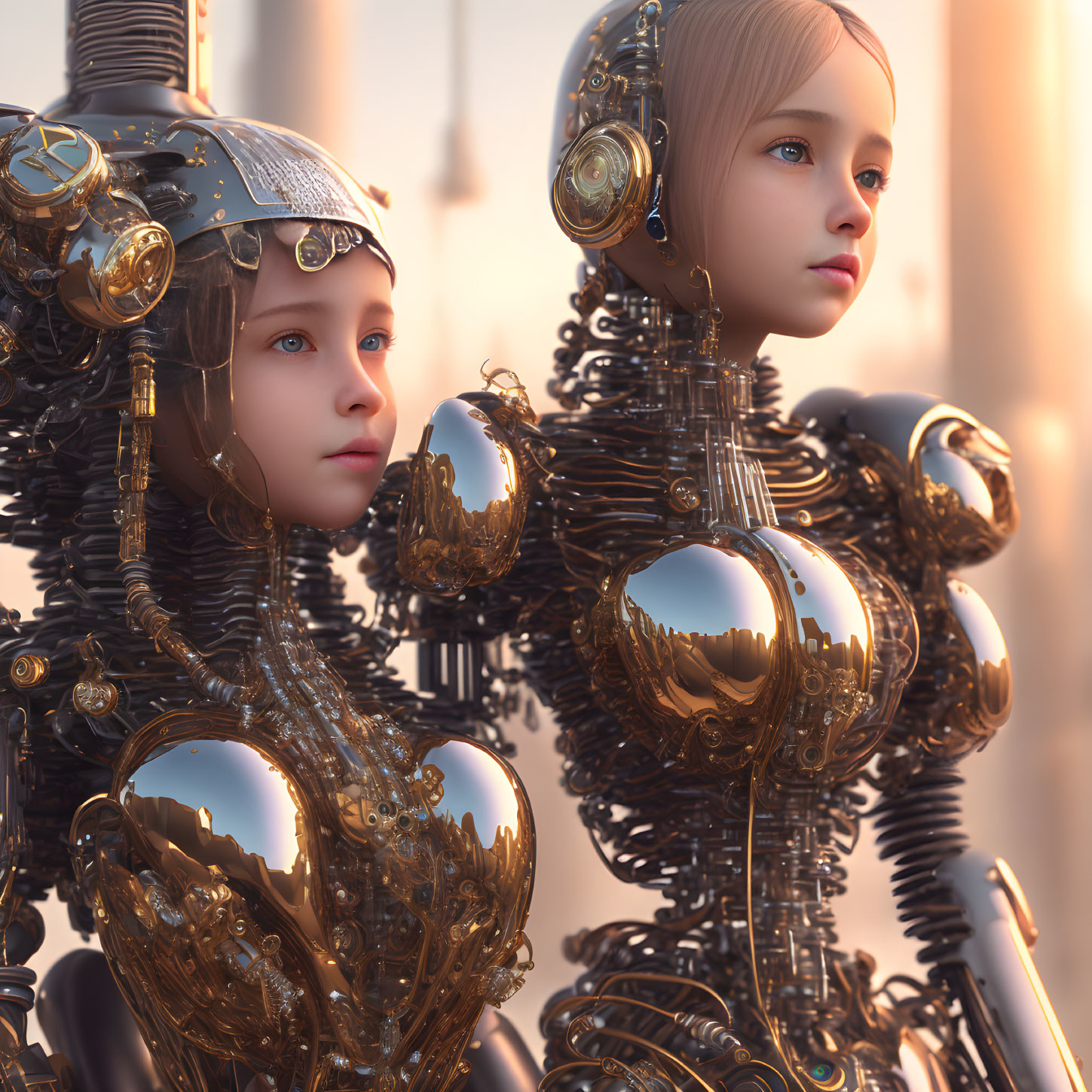 Highly detailed android figures with human appearance in futuristic setting