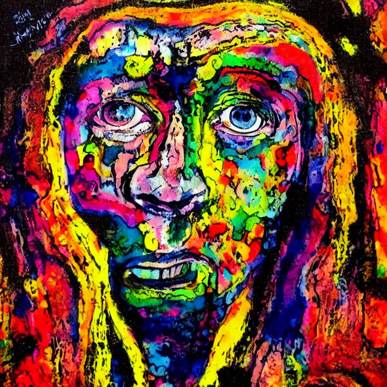 Colorful abstract portrait with deep-set eyes and expressive mouth for a psychedelic effect.