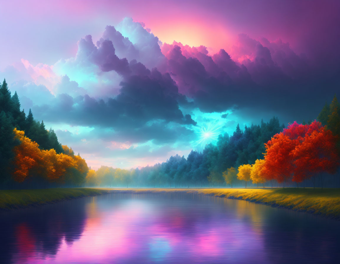 Vibrant autumn landscape with serene river and dramatic sunset sky