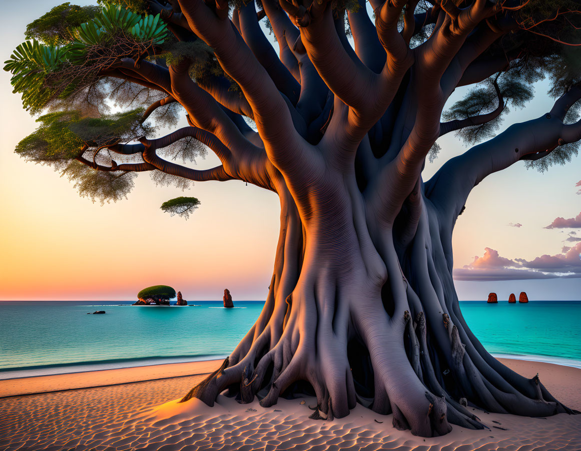 Majestic tree on beach at sunset with ocean view