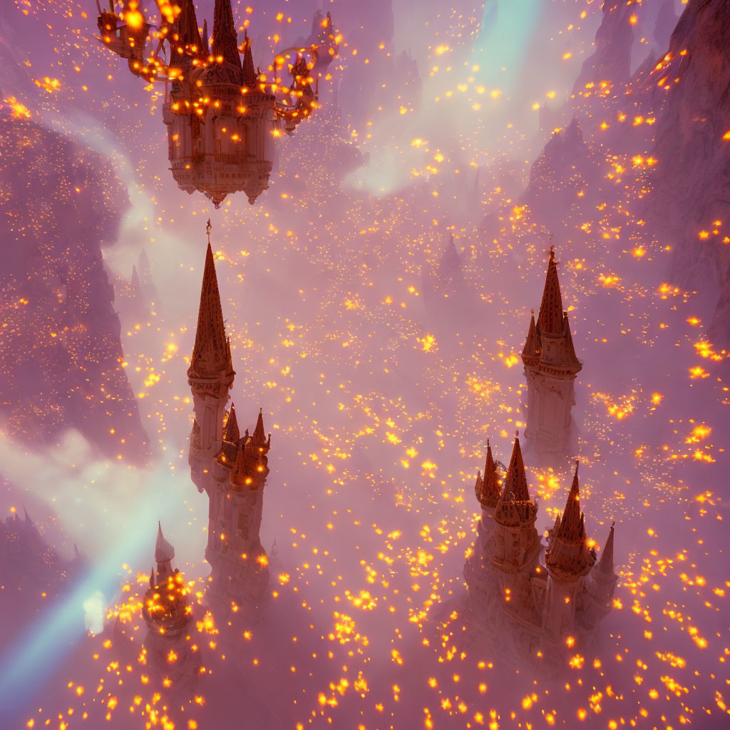 Mystical Fantasy Castles in Orange Mist