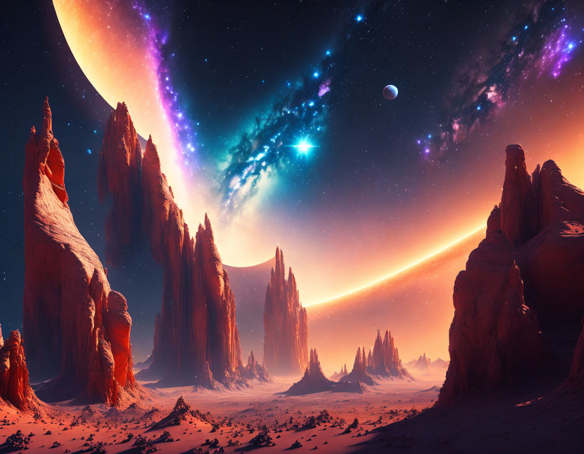 Majestic sci-fi landscape with red rock formations and celestial bodies