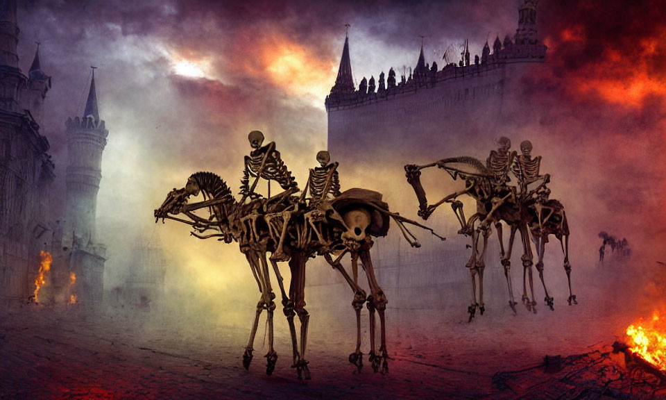 Three skeleton warriors on horseback in medieval town under fiery sky