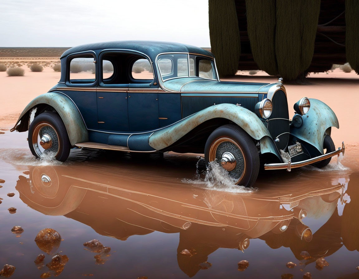 Classic Blue Car Crossing Shallow Water in Desert Environment