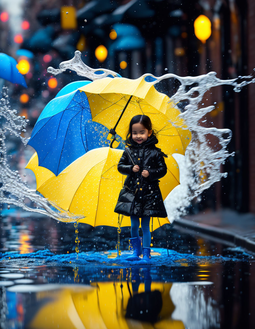 Child with yellow and blue umbrella playing in puddle with colorful lights