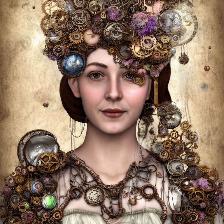 Woman portrait with steampunk headgear and floral details