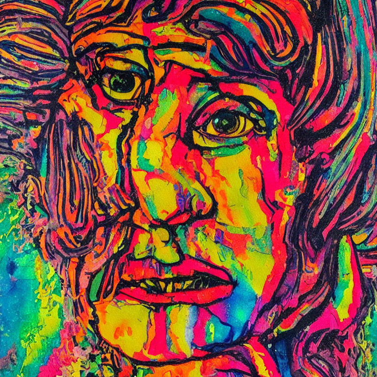 Multicolored abstract portrait with expressive eyes and age lines