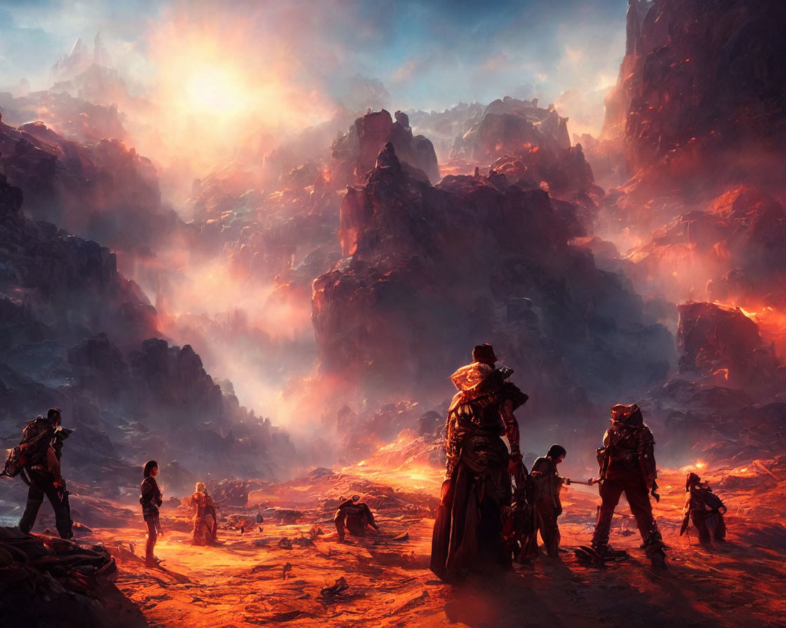 Adventurers in rugged, fiery landscape with towering rock formations.