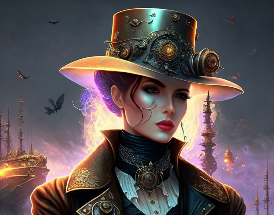 Steampunk-themed woman with mechanical top hat in fantastical setting