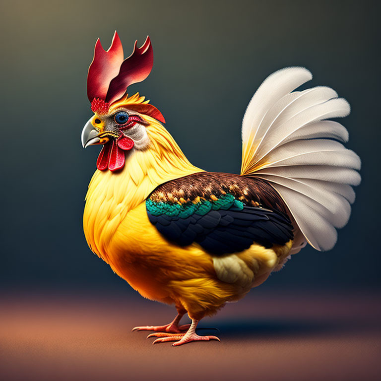 Colorful Stylized Rooster with Golden Body and Intricate Feathers