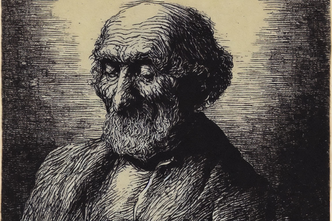 Monochrome etching of elderly man with prominent beard and deep-set eyes