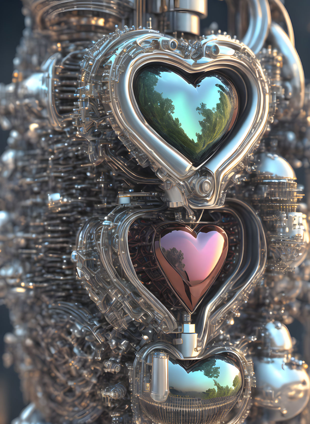 Detailed 3D Artwork: Heart-shaped structures with intricate mechanical designs on blurred background