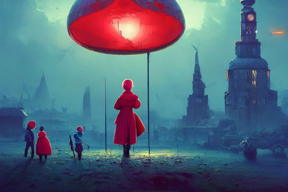 Futuristic cityscape with red floating structure and cloaked figures