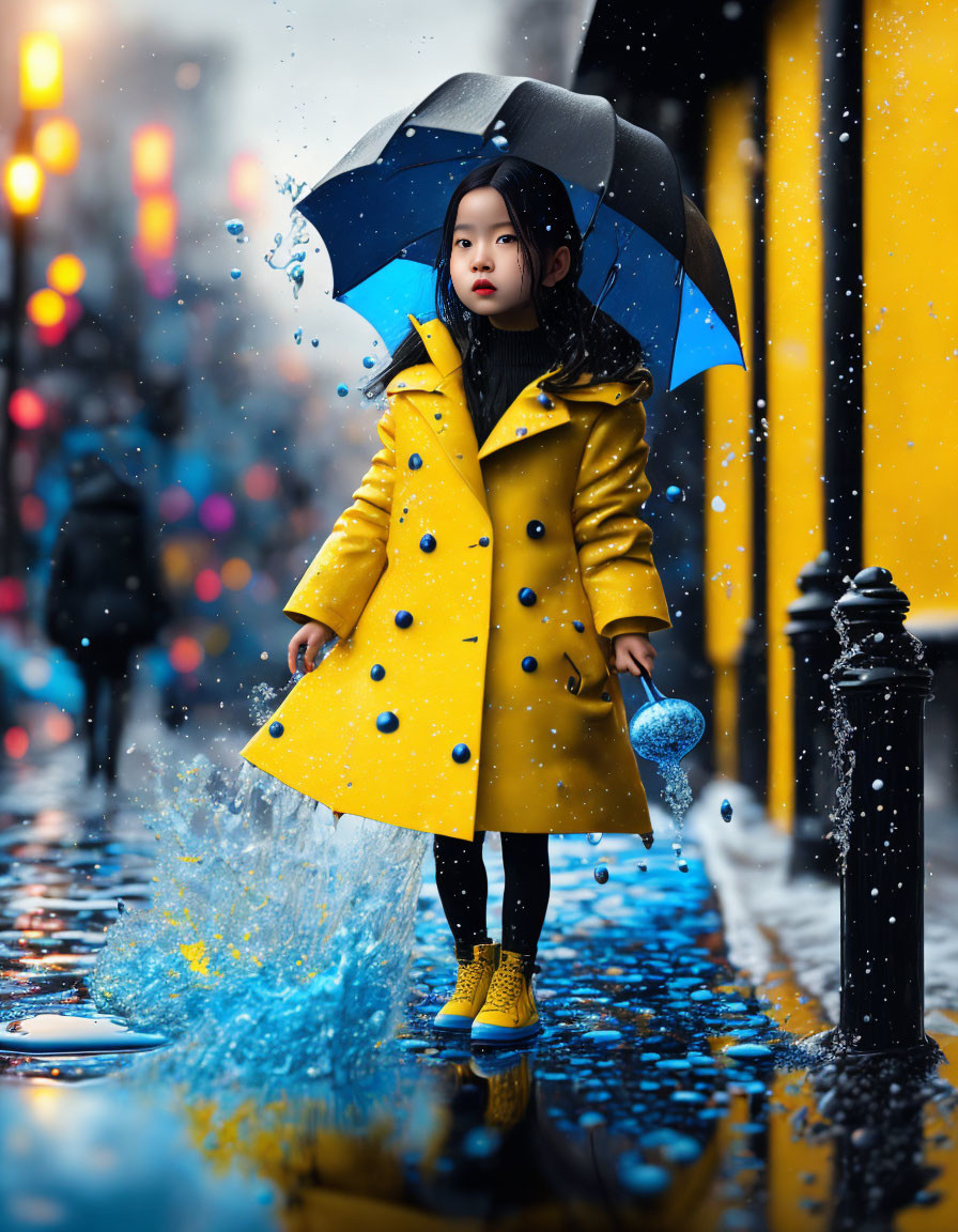 Child in yellow raincoat with umbrella on rainy city street