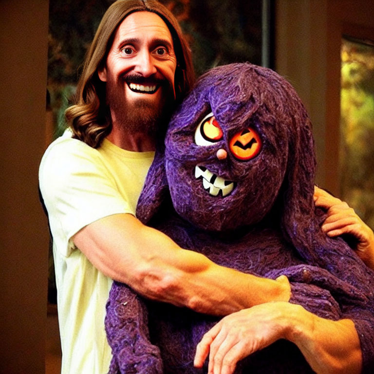 Man with long hair and beard hugging purple monster with orange eyes.