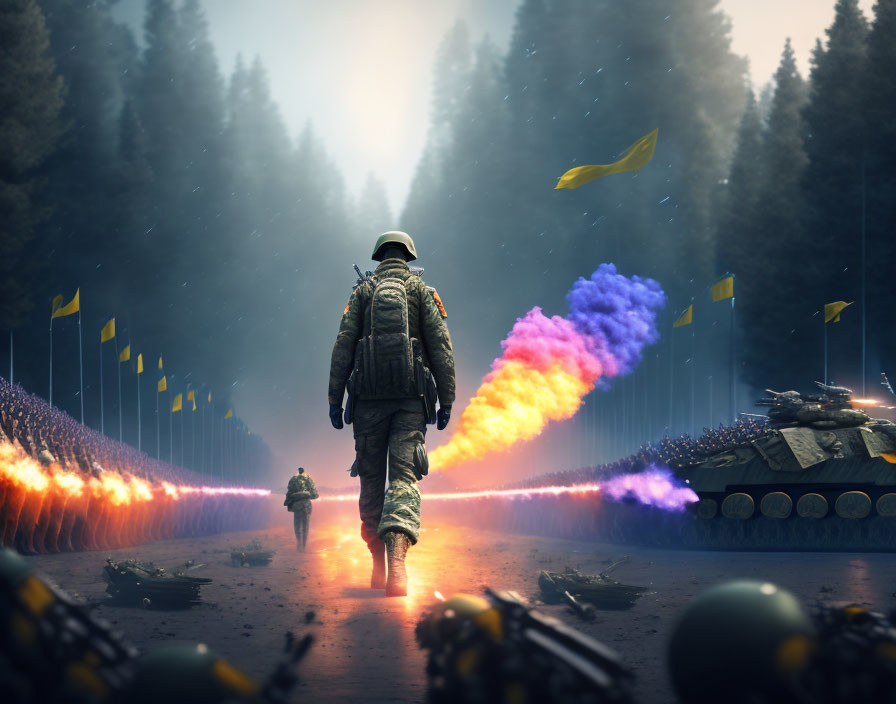 Soldier walking among troops and tanks with colorful smoke trails in mystical forest setting