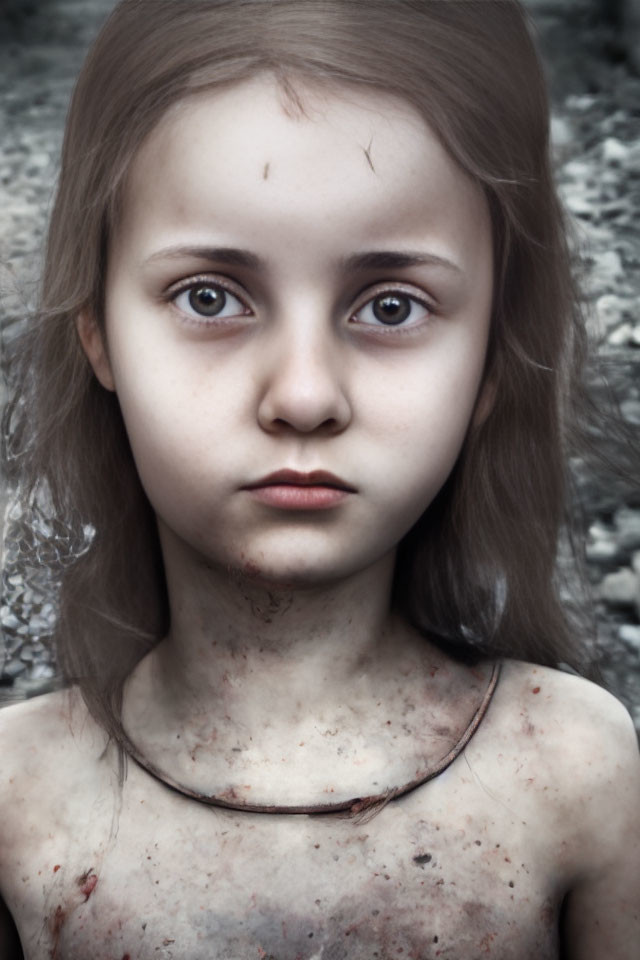 Digitally altered image of young girl with expressive eyes and somber expression