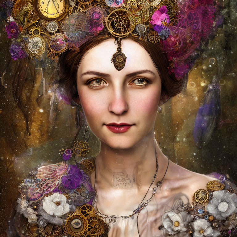 Elaborate steampunk headpiece with gears, flowers, and cosmic elements on a woman.