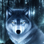 Mystical wolf with glowing blue eyes in starry forest landscape