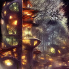 Mystical forest treehouse with glowing windows in hazy light