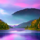 Vibrant autumn landscape with serene river and dramatic sunset sky