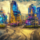 Futuristic cityscape blending historical and modern architecture