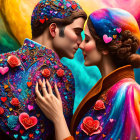 Colorful Romantic Couple Illustration with Floral and Heart Motifs