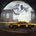 Spooky Halloween police car with pumpkin decorations and ghostly figure