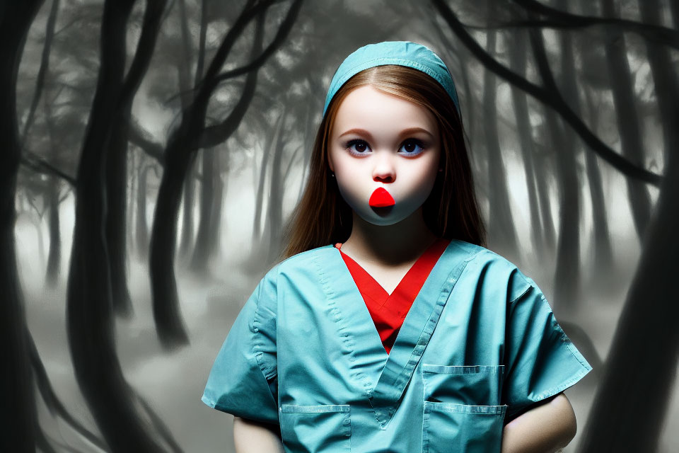 Surreal doll-like figure as nurse in misty forest setting