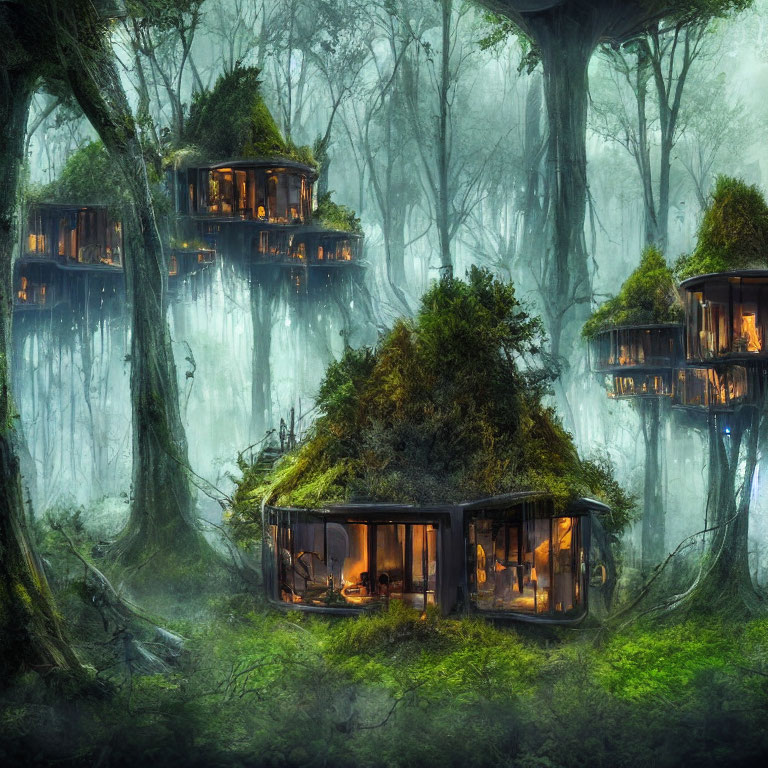 Mystical treehouses in enchanted forest with warm lights